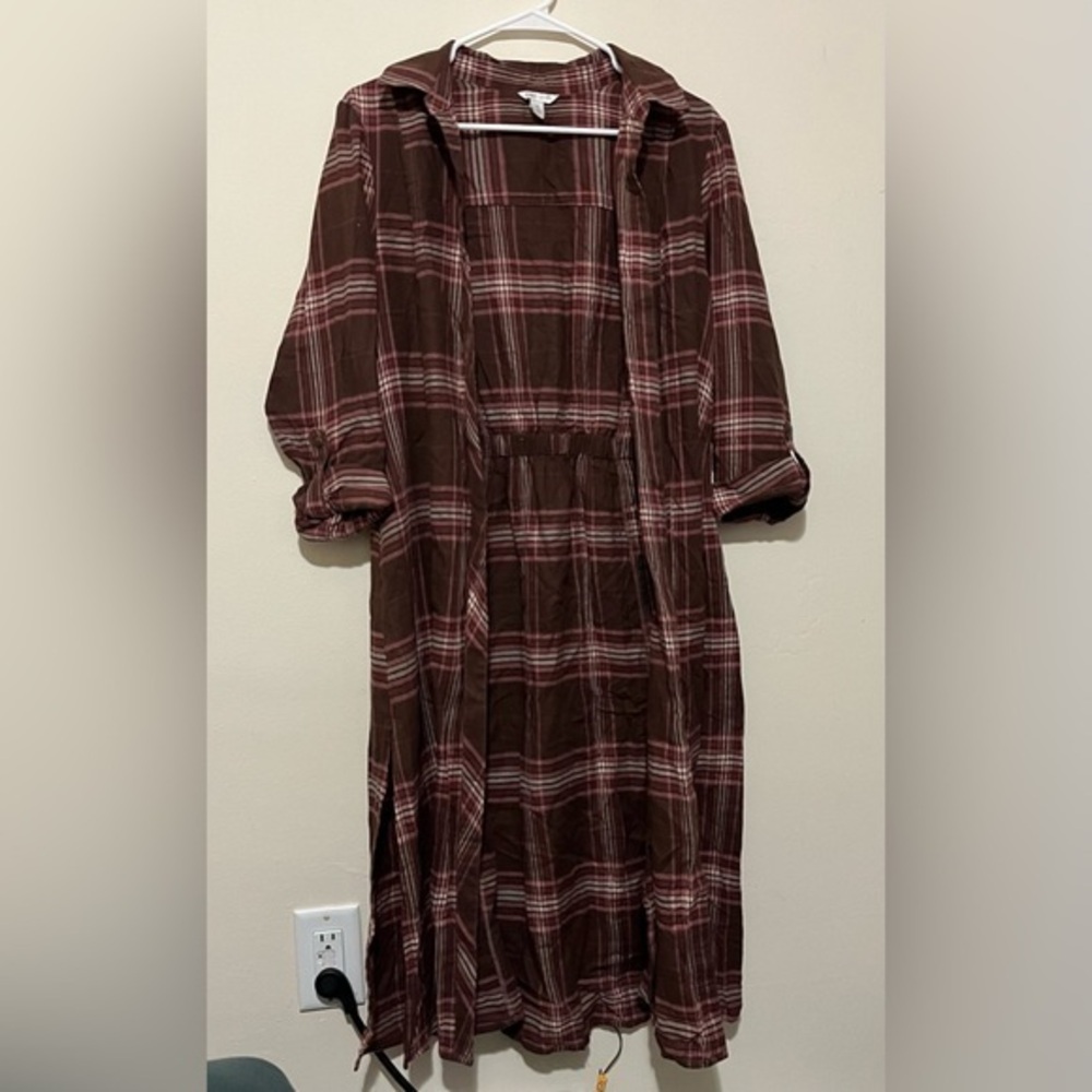 cato | brown plaid midi length open shirt dress | medium